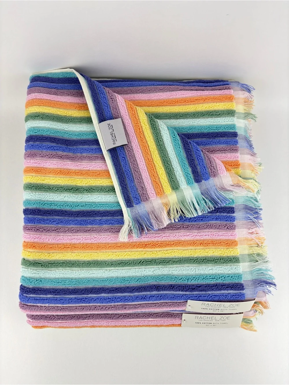 NWT Rachel Zoe Rainbow Striped Cotton Bath Towels Set of 2 Fringe Tassel Boho